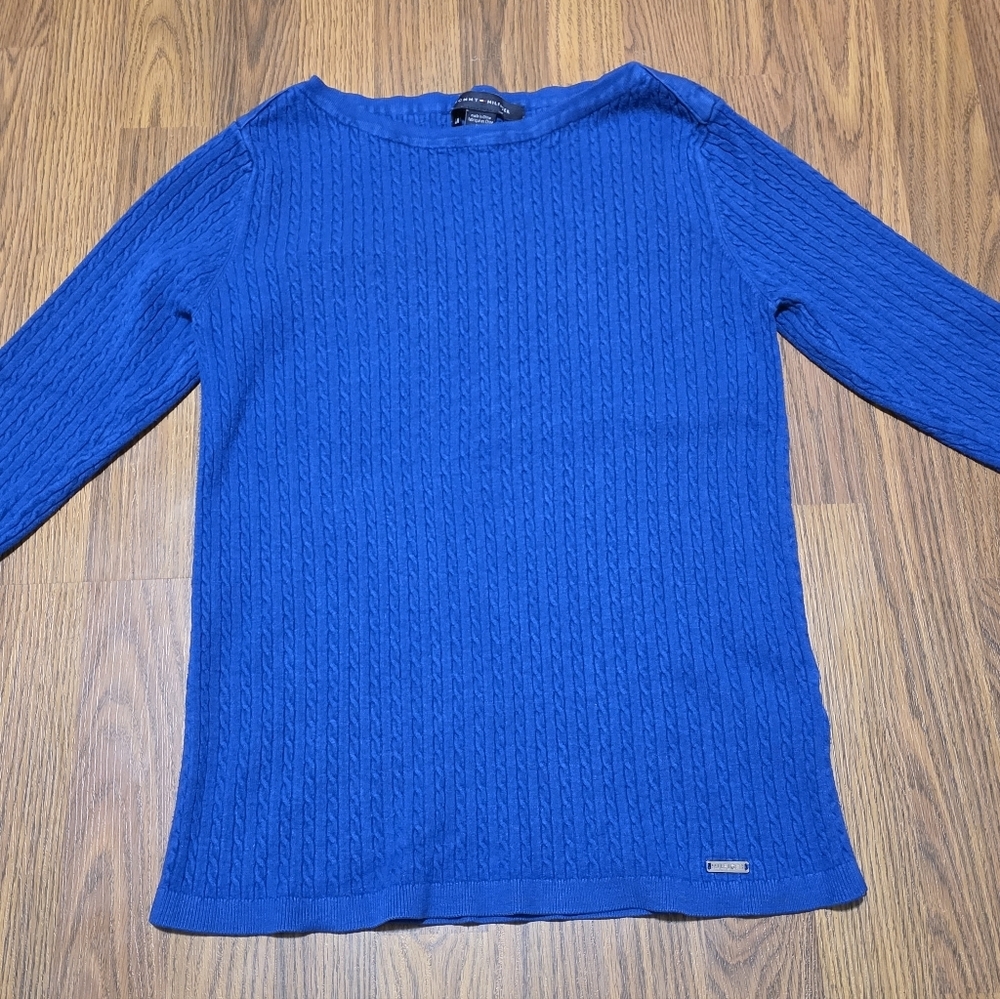 Tommy Hilfiger Youth Girls Blue Cable Knit Boatneck Sweater Large E28 - Picture 2 of 6